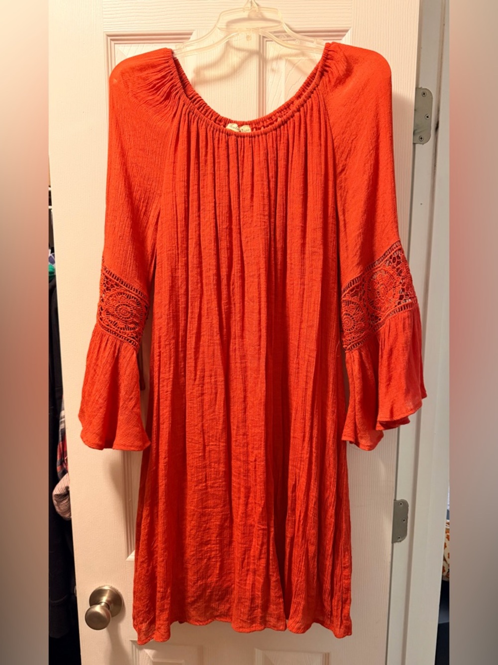 Women's Orange Boho Crochet-Sleeve Tunic Top